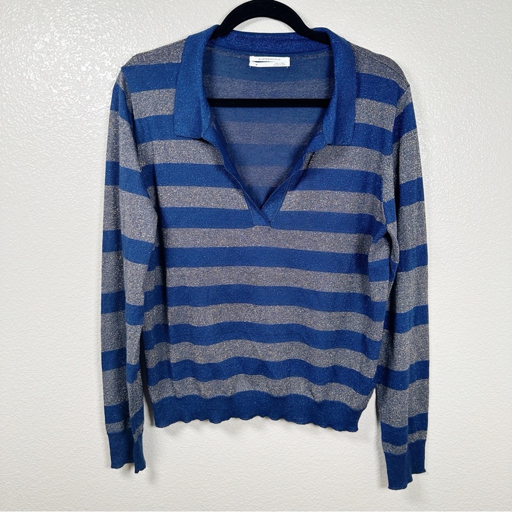 Anthropologie Striped Shimmer Polo‎ Blue Sz Medium - Picture 11 of 11